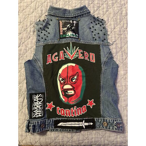 Jean Jacket Vest Rock Punk Patches L Denim Gap Studded Handmade Band Concert - Picture 7 of 11